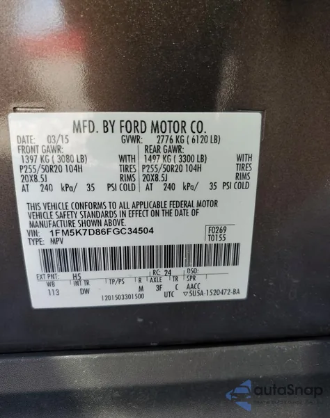 2015 Ford Explorer Xlt z USA, uszkodzony, nr VIN 1FM5K7D86FGC34504